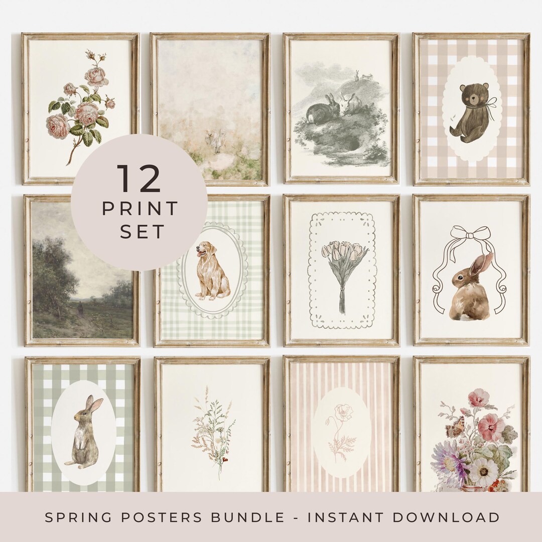 Vintage Gallery Wall Set of 12 Neutral Cottagecore Prints Bunny Floral ...