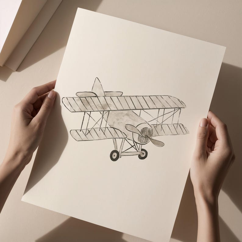 Airplane Nursery Art Vintage Watercolor Boys Room Decor Boy Wall Art Travel Theme Nursery Print Baby Boys Room Decor Beige Boys Playroom Art image 5