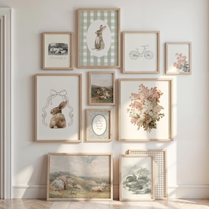 Neutral cottage-style wall art set featuring rabbits, lambs, and pastoral scenes
