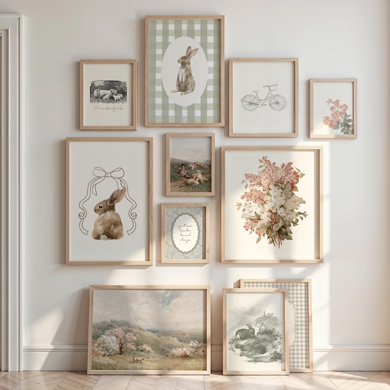 Neutral cottage-style wall art set featuring rabbits, lambs, and pastoral scenes