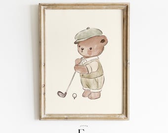 Teddy Bear Playing Golf Art Print Nursery Teddy Bear Vintage Golf Decor Nursery Golf Theme Art Nursery Sport Bear Unisex Room Decor Bear Boy