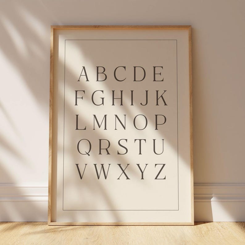 Printable educational wall art featuring a classic ABC alphabet chart for nurseries and classrooms.