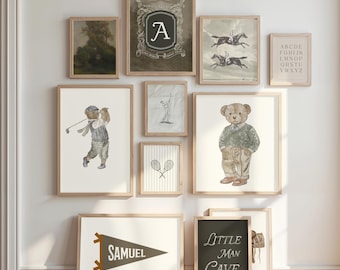 Old Money Nursery Decor Set of 25 Personalized Bear Monogram Prints Preppy Golf Tennis Sailing Wall Art