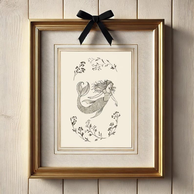 Coastal mermaid wall art, perfect for a vintage ocean-themed nursery