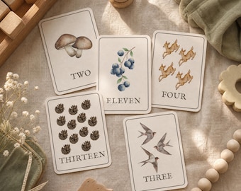 Counting Flashcards Nursery Montessori 16 Card Set Vintage Watercolor Nature Learning Printable Digital Download
