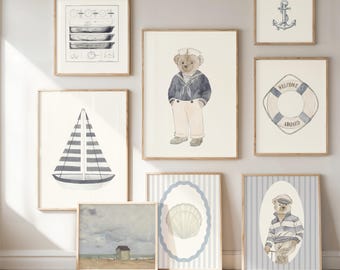 Boys Coastal Nursery Wall Art Set of 25 Nautical Teddy Bear Sailor Prints Navy Ocean Boy Room Decor Sailboat Navy Printable Download