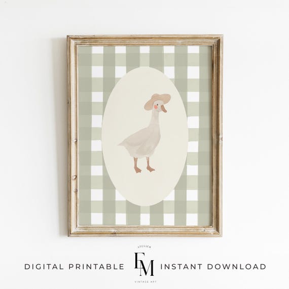 Green Gingham Silly Goose Art Duck Print Pastel Cute Goose Poster Farm Animal Printable Kids Room Illustration Cottagecore Vintage Nursery