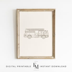 Peut inclure: Un dessin au trait noir et blanc d'un camion de pompiers avec une échelle. Le camion est sur un fond blanc.