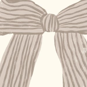May include: A digitally illustrated bow in shades of beige and brown. The bow features a striped pattern and is centered against a cream-colored background. The bow's design is simple and elegant.