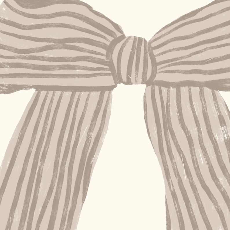 May include: A digitally illustrated bow in shades of beige and brown. The bow features a striped pattern and is centered against a cream-colored background. The bow's design is simple and elegant.