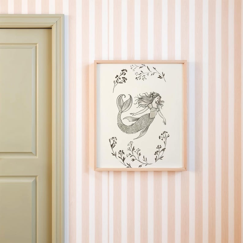 Mermaid Vintage Print Mermaid Painting Coastal Girl Room Decor Nautical Coastal Decor Girl Nursery Antique Drawing Mermaid Girl Playroom Art image 3