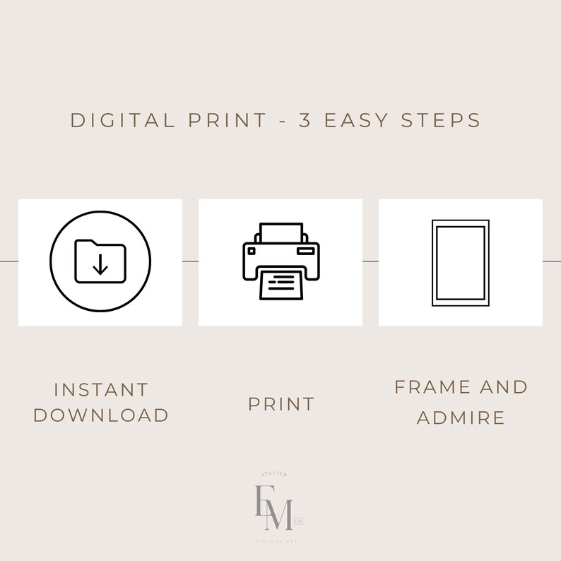 May include: Digital print with three steps: instant download, print, and frame. The image shows a folder icon, a printer icon, and a frame icon, with text below each. The background is a light beige colour.