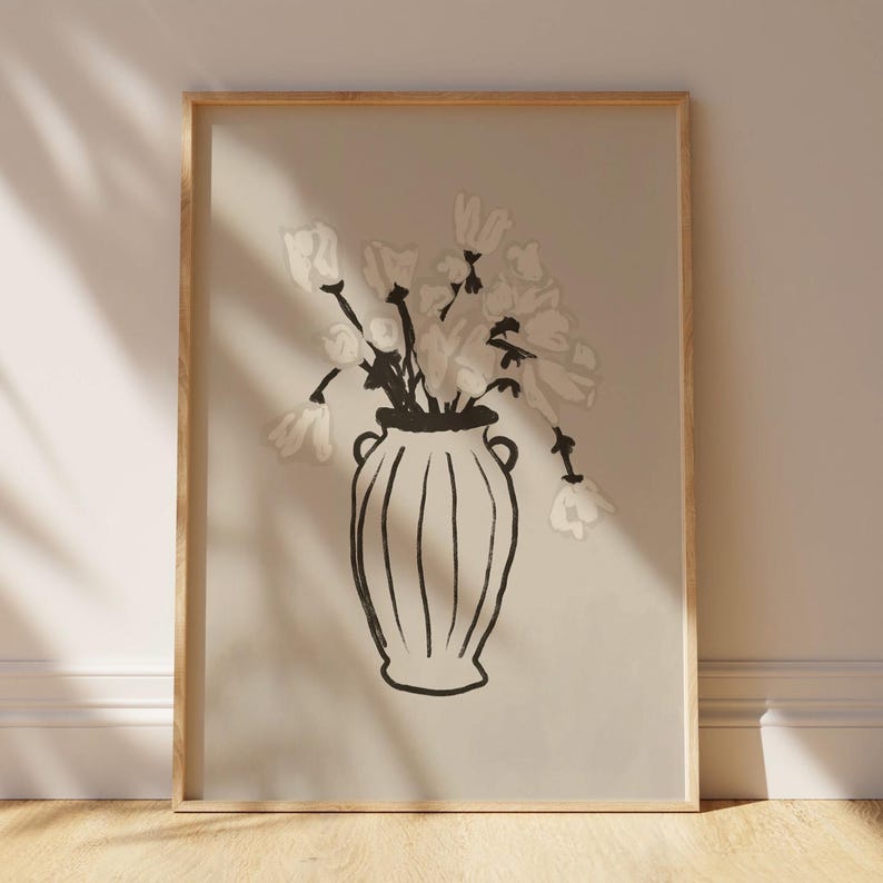 Neutral Contemporary Flower Vase Artwork for Bedroom Walls.