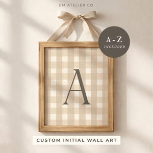 Personalized Monogram Wall Art Printable Pink Gingham Nursery Decor Custom Initial Letter Coquette Baby Girl Room Digital Download