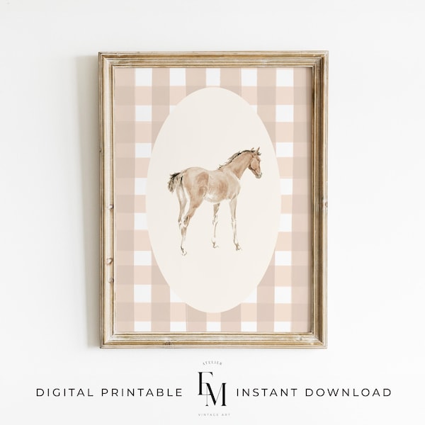 Pink Horse Print Pastel Pink Gingham Preppy Horse Print Classic Wall Art Horse Elegant Grandmillenial Nursery Decor Western Girls Room Decor