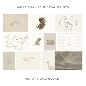 May include: A set of 10 digital prints featuring illustrations of a teddy bear, a swan, a bicycle, a bow, a goose, a dog, clouds, and text that says "I can do hard things" and "You are loved".