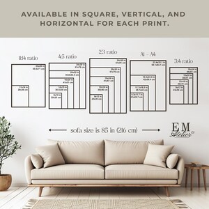 Peut inclure: Image pr&eacute;sentant diff&eacute;rentes tailles et ratios d'impression, comme 11x14, 24x30 et A1-A4, avec des mesures en cm et en pouces. Le texte indique la disponibilit&eacute; en formats carr&eacute;, vertical et horizontal. Un canap&eacute; beige de 216 cm de large est &eacute;galement visible.