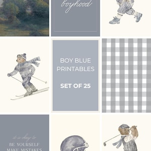 Puede incluir: Un conjunto de 25 ilustraciones imprimibles para la habitaci&oacute;n de un ni&ntilde;o. Las ilustraciones representan un oso en diversas actividades, como jugar al b&eacute;isbol, esquiar, jugar al golf y llevar un casco de f&uacute;tbol americano. Las ilustraciones est&aacute;n en un esquema de color azul y gris e incluyen el texto "Long Live Boyhood" y "Boy Blue Printables Set of 25".