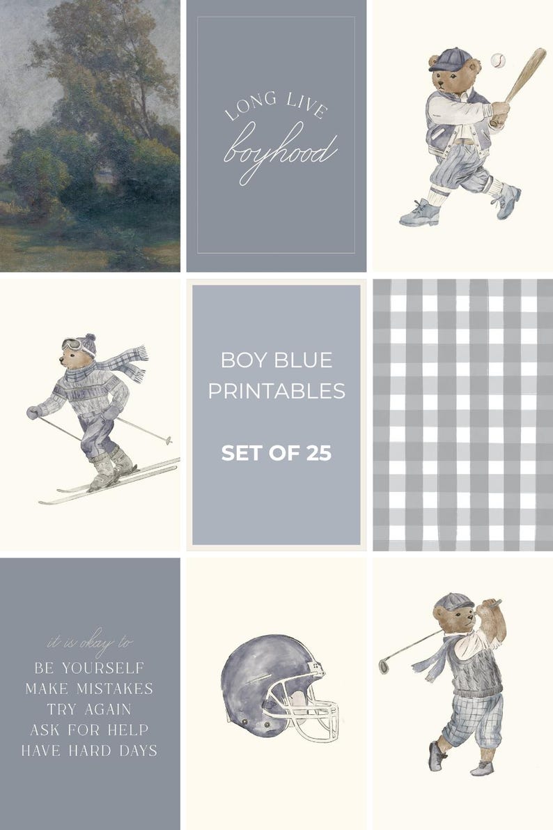 Puede incluir: Un conjunto de 25 ilustraciones imprimibles para la habitaci&oacute;n de un ni&ntilde;o. Las ilustraciones representan un oso en diversas actividades, como jugar al b&eacute;isbol, esquiar, jugar al golf y llevar un casco de f&uacute;tbol americano. Las ilustraciones est&aacute;n en un esquema de color azul y gris e incluyen el texto "Long Live Boyhood" y "Boy Blue Printables Set of 25".