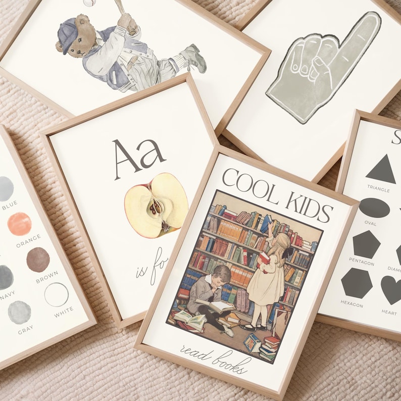 Educational Gallery Wall Set of 25 Prints Muted Tones Classroom Poster Vintage Homeschool Wall Art Toddler Learning Print ABC Playroom Decor image 4