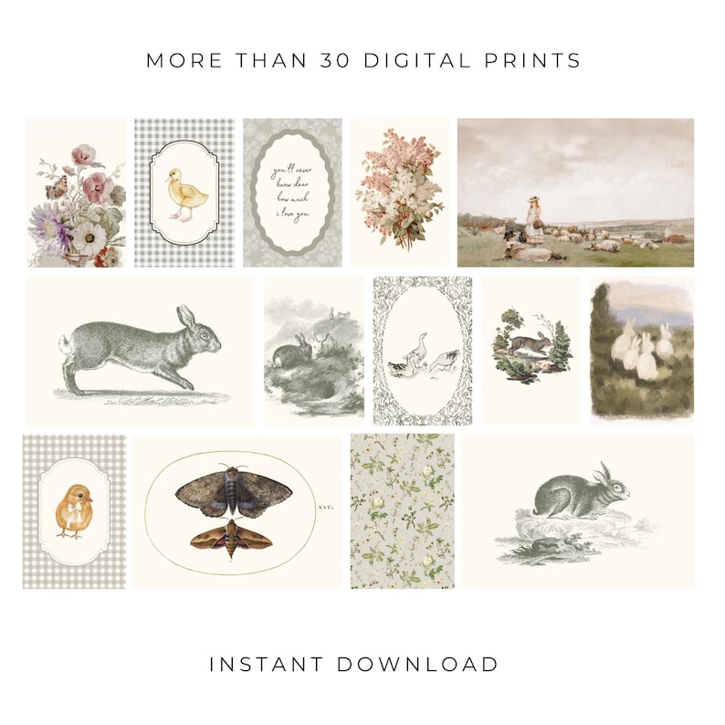 May include: A selection of over 30 digital prints with vintage illustrations. The prints include floral arrangements, animal drawings, and pastoral scenes. The text "MORE THAN 30 DIGITAL PRINTS" and "INSTANT DOWNLOAD" are displayed.