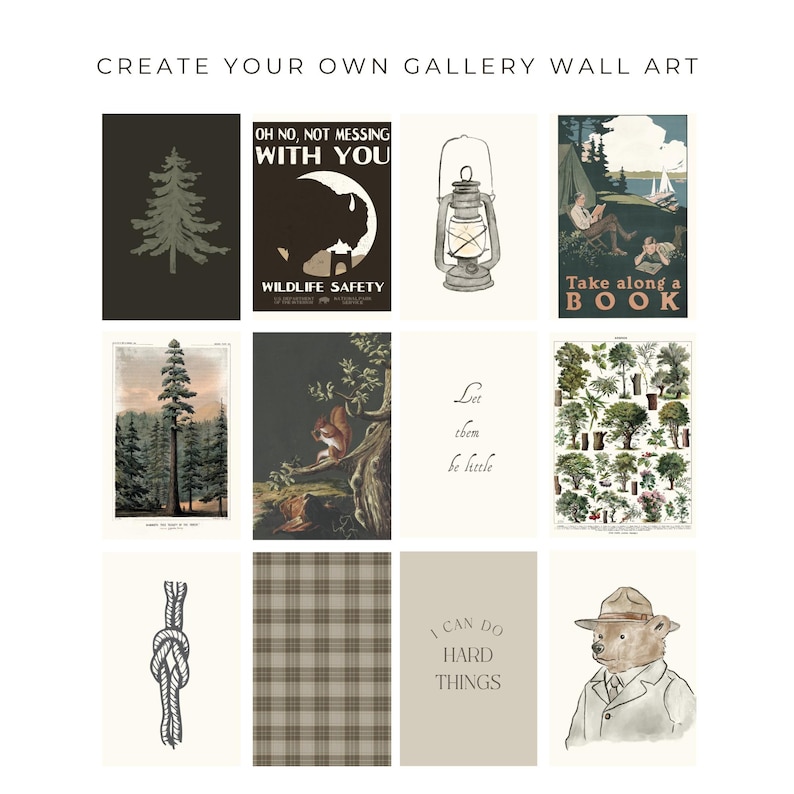 May include: A collection of framed art prints with various designs. The prints include a tree, a lantern, a squirrel, a knot, a plaid pattern, and a bear wearing a hat and suit. Text on the prints reads "Oh No, Not Messing With You", "Take along a BOOK", "Let them be little", and "I can do hard things".