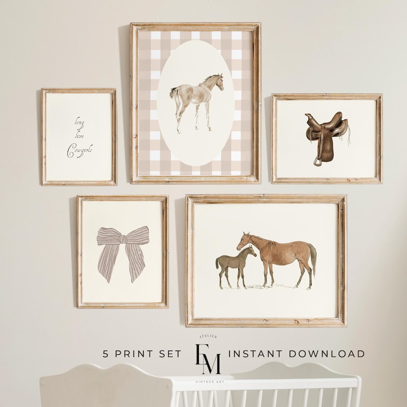 Vintage pink nursery decor featuring horseback riding girly room art with soft pastel tones.