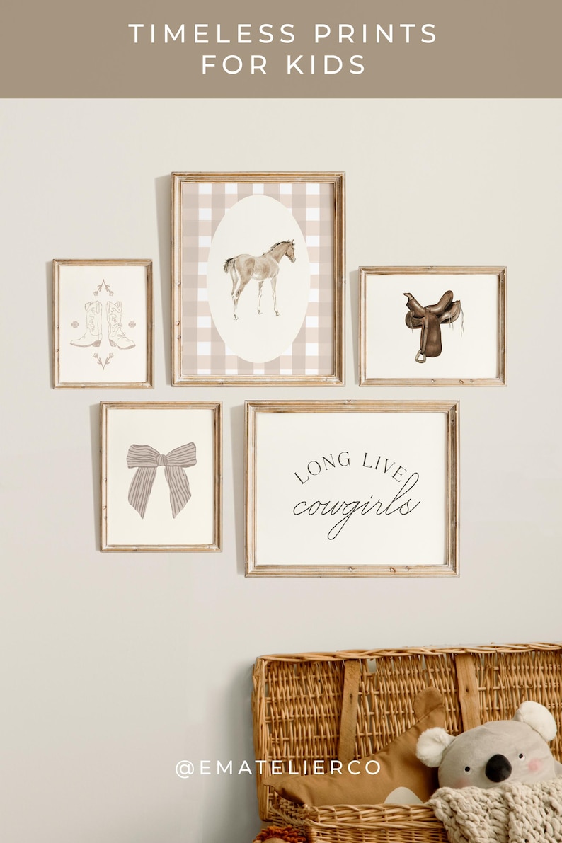 Coquette nursery wall art with a cowgirl theme, ideal for vintage-inspired girl room decor.