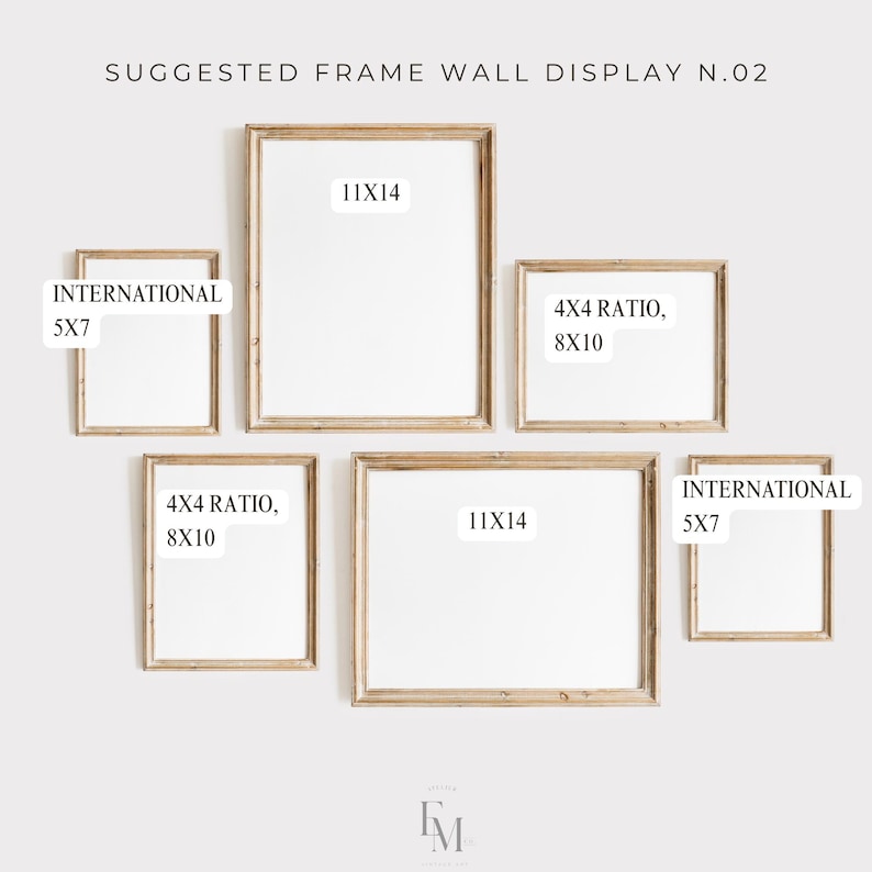 May include: A suggested wall display layout for picture frames. The layout includes five frames in various sizes, including 5x7, 8x10, and 11x14 inches. The frames are arranged in a staggered pattern, with the largest frame in the center.