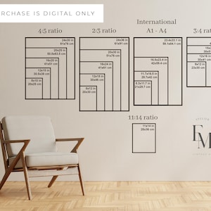 May include: A wall display featuring various aspect ratios and sizes for digital art prints. The image includes a chair, a small table, and a plant. Text at the top reads "THIS PURCHASE IS DIGITAL ONLY". The display includes sizes in inches and centimeters.