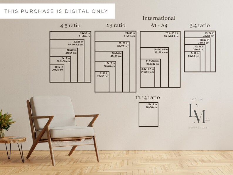 May include: A wall display featuring various aspect ratios and sizes for digital art prints. The image includes a chair, a small table, and a plant. Text at the top reads "THIS PURCHASE IS DIGITAL ONLY". The display includes sizes in inches and centimeters.