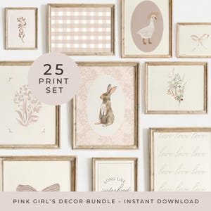Juego de 25 pósteres de pared para habitación de niñas en color rosa polvoriento, decoración de habitación de niñas en color rosa, juego de impresiones vintage para habitación de niñas, arte para habitación de niñas en tonos pastel suaves