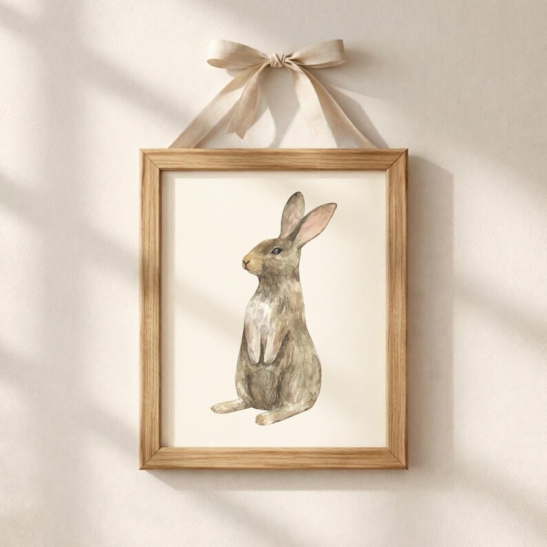 May include: A framed wall art print featuring a watercolor illustration of a brown rabbit sitting upright. The artwork is encased in a light-toned wooden frame and is suspended by a beige fabric ribbon tied in a bow at the top of the frame.