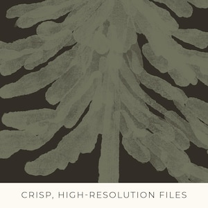 May include: Abstract digital art print featuring a stylized tree in shades of olive green and brown. The artwork has a painterly, brushstroke effect. The text "CRISP, HIGH-RESOLUTION FILES" is at the bottom of the image.
