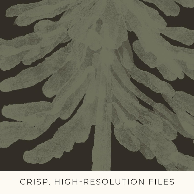 May include: Abstract digital art print featuring a stylized tree in shades of olive green and brown. The artwork has a painterly, brushstroke effect. The text "CRISP, HIGH-RESOLUTION FILES" is at the bottom of the image.