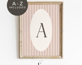 Baby Girl Initial Print Pink Nursery Art Personalized Girl Initial Wall Art Baby Girl Nursery Decor Vintage Style Girl Room Monogram Stripes