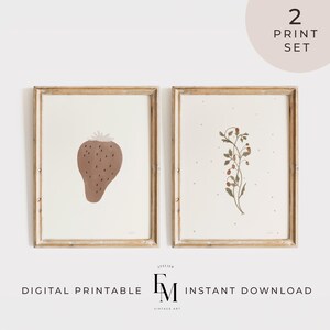 Strawberry Art Prints Set of 2 Fruit Nursery Art Cute Nursery Decor Fruit Nursery Wall Print Gender Neutral Nursery Decor Boho Nursery Print