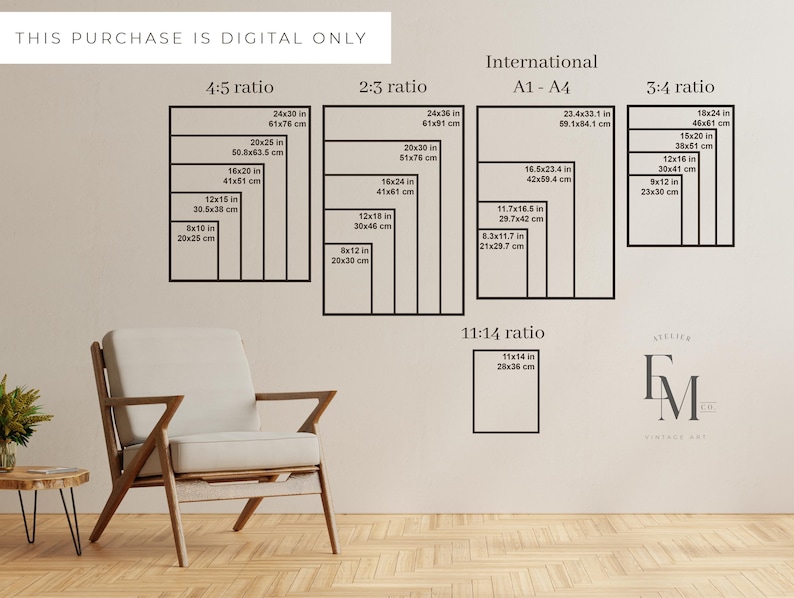 May include: A wall display showing different aspect ratios and sizes for digital art prints. Includes 4:5, 2:3, 3:4, 11:14, and international A1-A4 sizes, with measurements in inches and cm. The text "THIS PURCHASE IS DIGITAL ONLY" is at the top.