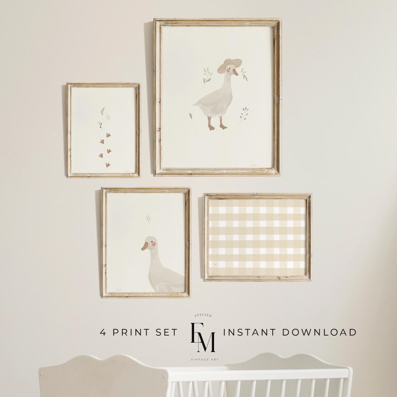 Silly Little Goose Art: Printable Set of 4 for Rustic Kids Room Decor.
