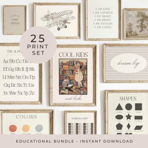Juego de 25 impresiones de pared con galería educativa en tonos apagados, póster para aula, arte de pared vintage para educación en casa, impresión de aprendizaje para niños pequeños, decoración de sala de juegos con el alfabeto.