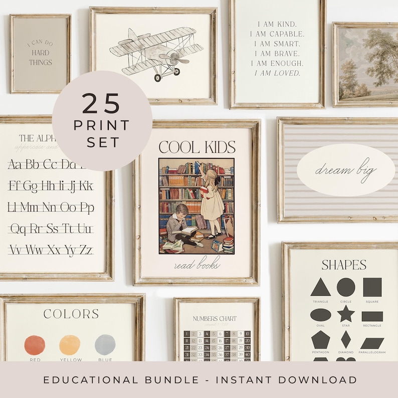 Muted vintage ABC and learning print set for classroom decor
