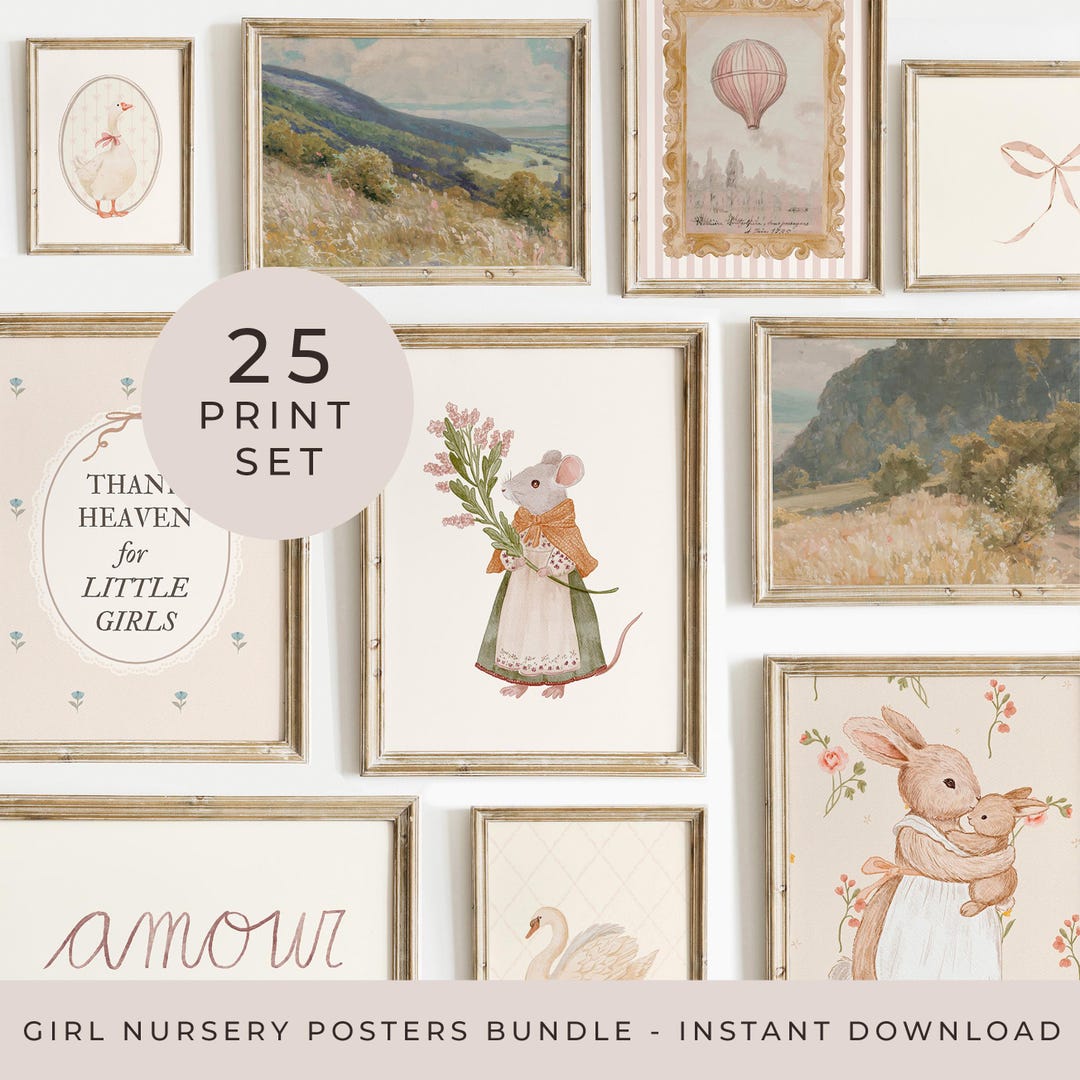 Girl Nursery Wall Art Bundle Pink Set of 25 Prints Vintage Cottagecore ...