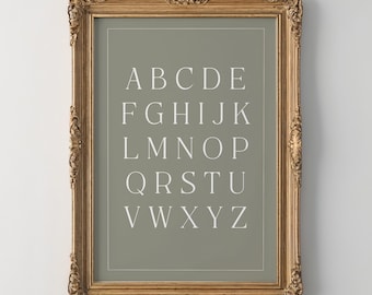 ABC Alphabet Nursery Print Sage Green Minimalist Serif Learning Wall Art Kids Room Digital Download
