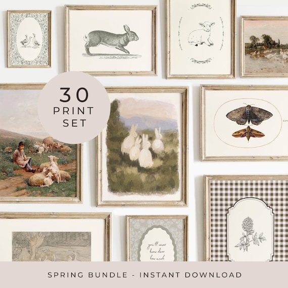 Spring Cottage Gallery Wall Bundle Vintage Farm Animals Botanicals & Classic Art Printable Set Rustic Neutral Wall Decor