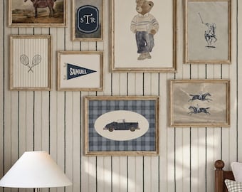 Nursery Gallery Wall, 8-Piece Personalized Teddy Bear Art Set for Preppy Baby Boy Decor