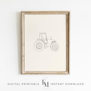 May include: A framed digital print with a black line drawing of a tractor on a cream background. The artwork is in a light-coloured wooden frame. The text at the bottom reads "DIGITAL PRINTABLE" and "INSTANT DOWNLOAD".