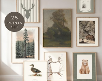Moose Nursery Print Set 25 Boy Room Hunting Vintage Duck Antler Cabin Gallery Wall Art Digital Download