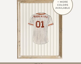 Impresión personalizada de camiseta de béisbol con nombre y número personalizados. Arte de pared con decoración vintage para habitaciones infantiles.