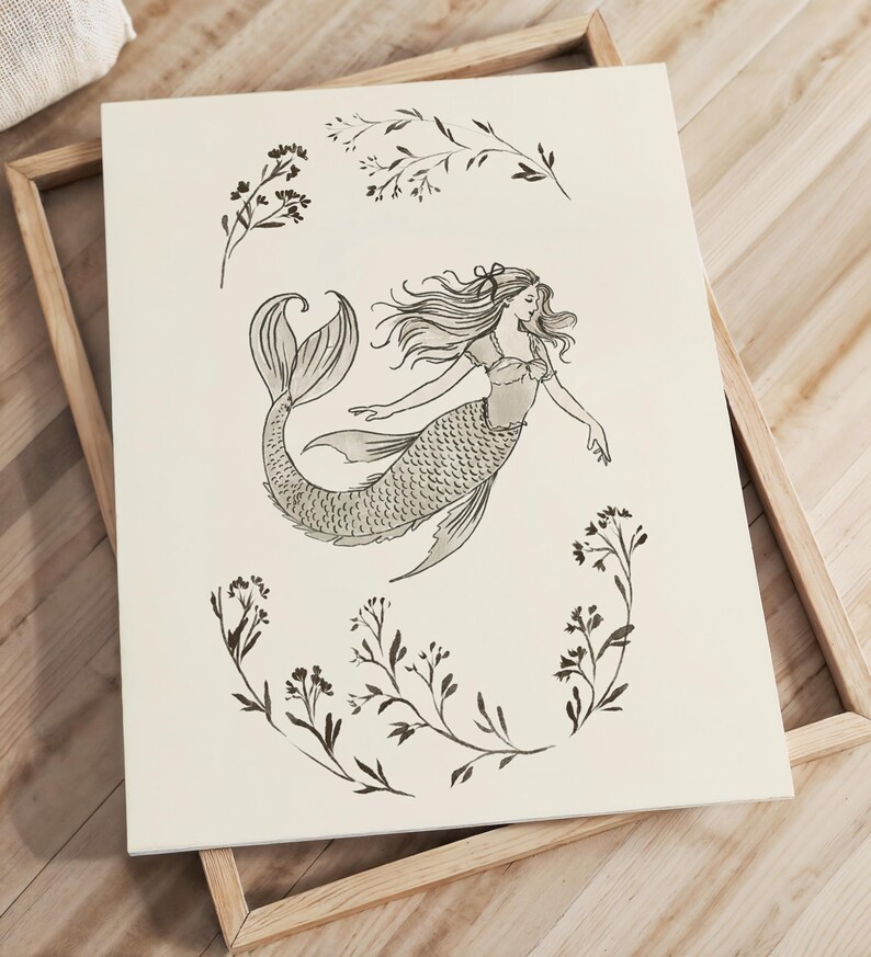 Mermaid Vintage Print Mermaid Painting Coastal Girl Room Decor Nautical Coastal Decor Girl Nursery Antique Drawing Mermaid Girl Playroom Art image 9