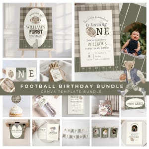 May include: A collection of football-themed birthday party decorations and stationery. Includes invitations, banners, cupcake toppers, and a welcome sign. The color scheme is green, brown, and white, with football and field graphics. Text includes "WILLIAM'S FIRST year down" and "HAPPY BIRTHDAY".